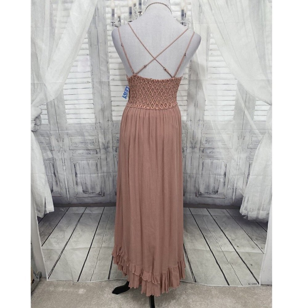 Free People Medium Crochet Lace Maxi Slip Dress Rose Pink Strappy Back Gauze NWT - Picture 5 of 13